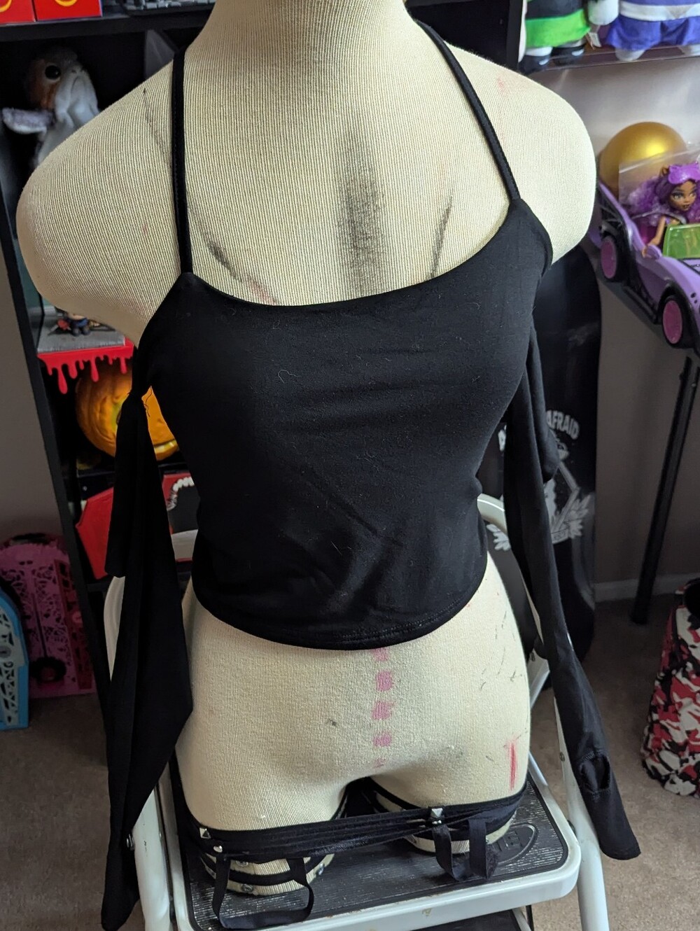 Black Halter Crop Top with Sleeve Detail